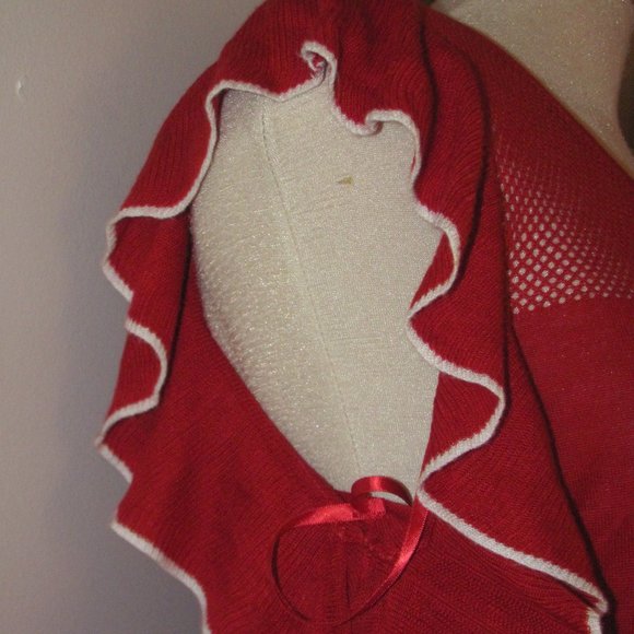 French Connection Red White Cold Shoulder Mesh Knit Sweater Ruffles Size L Large - Picture 4 of 7